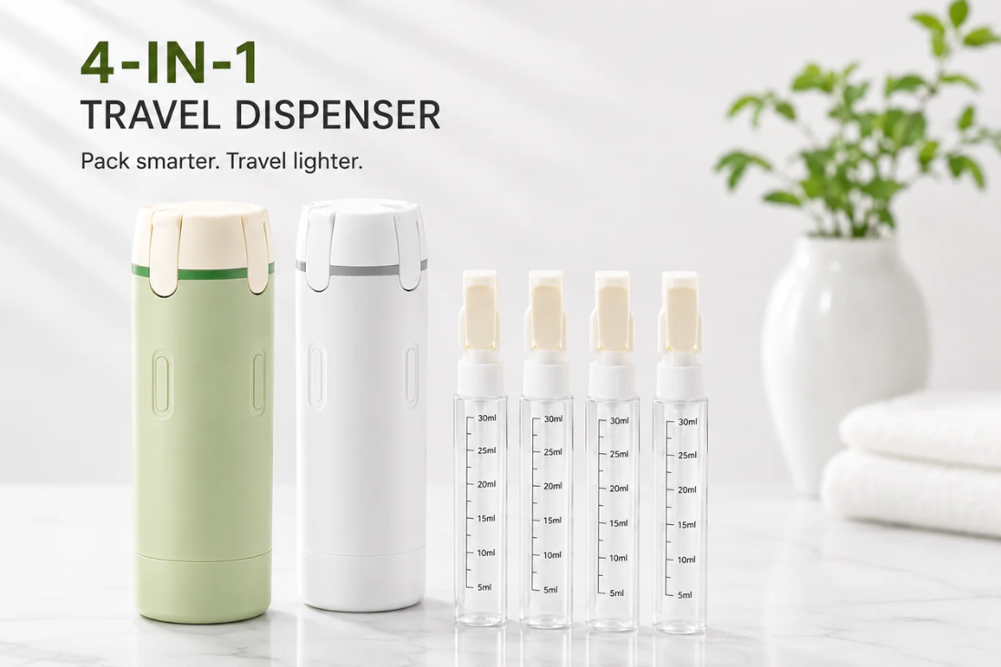 4-in-1 Travel Toiletry Dispenser | Refillable, Leak-Proof & TSA-Friendly